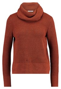 Pull en maille côtelée couleur rouille avec un motif gaufré et des manches longues, présenté sur un fond blanc.