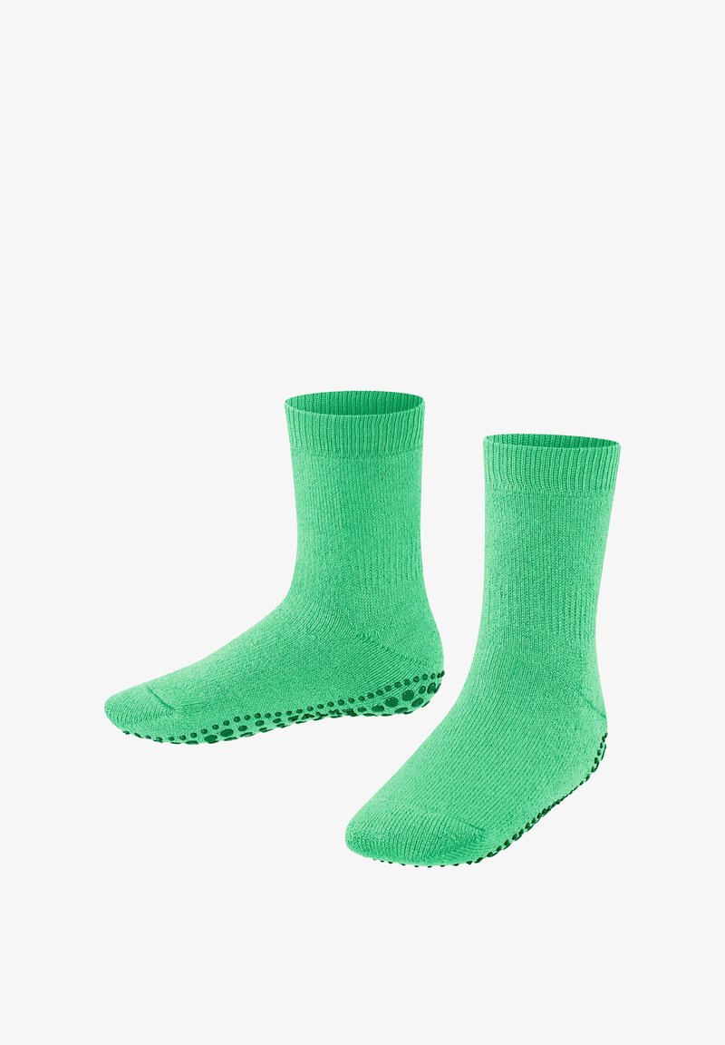 Chaussettes en coton vert avec des poignets côtelés et des semelles anti-dérapantes à pois, de conception mi-longue, texture douce et couleur uniforme.