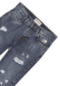 Jeans in denim blu scuro con dettagli consumati, comprese zone sfilacciate e macchie blu chiaro. Presentano una vita standard e un classico design a cinque tasche.