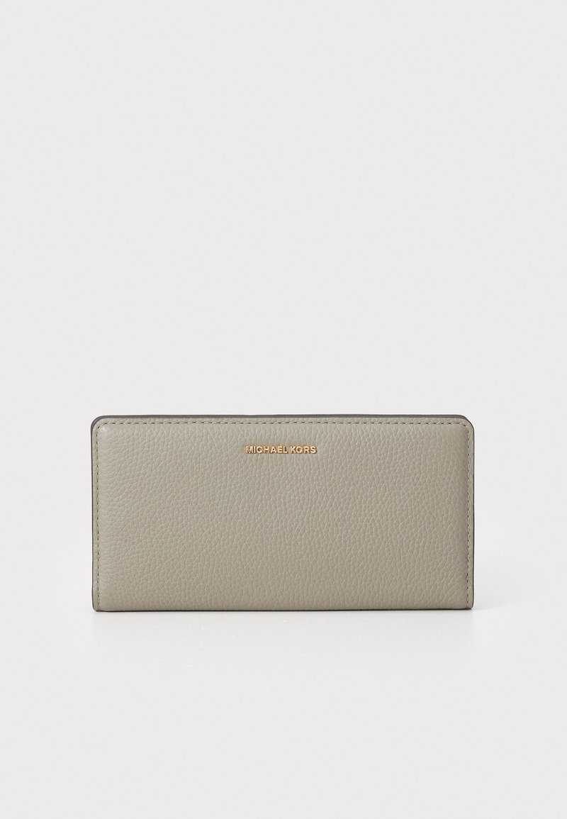 Gray leather wallet with a textured finish, featuring a gold-tone logo on the front, and a rectangular shape with rounded edges.