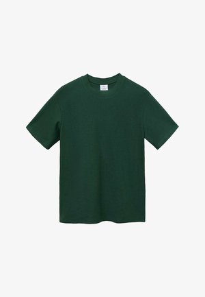 Grünes Kurzarm-T-Shirt aus weicher Baumwolle. Verfügt über einen Rundhalsausschnitt und eine lässige Passform ohne sichtbare Muster oder Akzente.