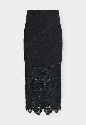 Μαύρη midi pencil φούστα με λουλουδάτο μοτίβο πλεκτού δαντελέ και κυματιστό τελείωμα.