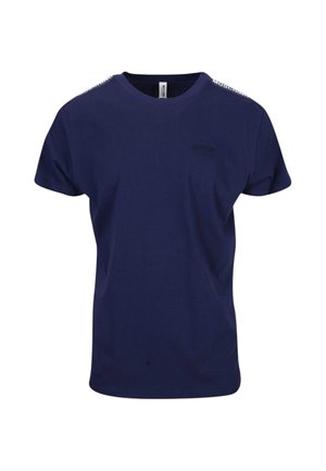 T-shirt blu navy a manica corta con testo del logo bianco sulle spalle e piccolo logo coordinato sul petto sinistro.