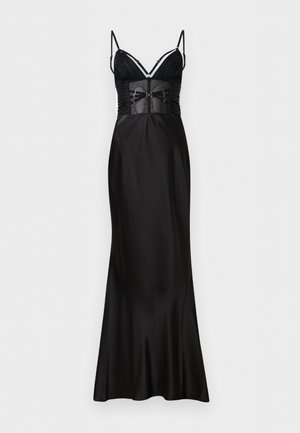 Μαύρο σατέν φόρεμα μήκους μέχρι το πάτωμα με διάφανο μπούστο από δίχτυ, ρυθμιζόμενες λεπτές τιράντες και διακοσμητικές αγκράφες στη μέση.