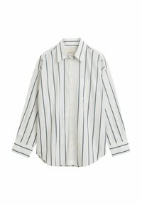 Witte overhemd met lange mouwen, voorzien van marineblauwe verticale strepen, een button-down kraag, een voorzak en een ontspannen pasvorm. Gemaakt van een katoenmix, met een gladde textuur.