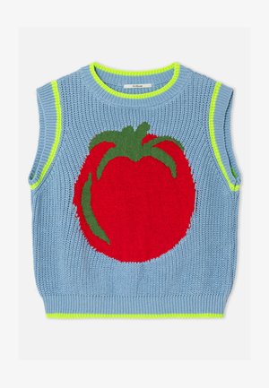 Μπλε πλεκτή αμάνικη μπλούζα με κόκκινο γραφικό ντομάτας, πράσινες λεπτομέρειες και φωτεινό λαχανί περιθώριο στο ντεκολτέ και στο τελείωμα.