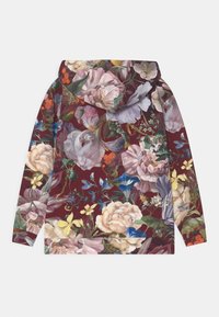 Kurtka z kapturem z kwiatowym wzorem w różnych kolorach na bordowym tle, wykonana z miękkiego materiału o luźnym kroju.