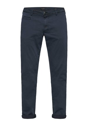 Navyblaue Chinos aus Baumwolle mit Knopfverschluss, umgeschlagenen Bündchen und einer vorderen Tasche mit dezentem Finish.