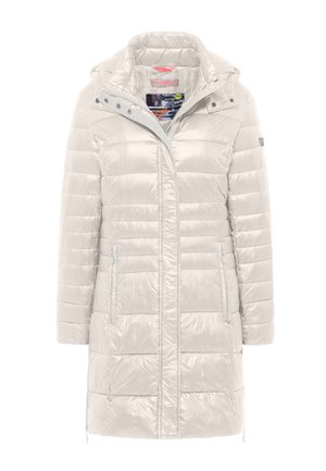 Lekko ocieplana, jasnoszara parka z kapturem, zapinana na zamek błyskawiczny z przodu, z dwoma bocznymi kieszeniami i poziomym przeszyciem nadającym fakturę. Gładkie, błyszczące wykończenie.