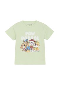 Ljusgrön t-shirt med kort ärm som har en färgglad grafik av fyra tecknade hundar med texten "PAW PATROL" i fetvita bokstäver.