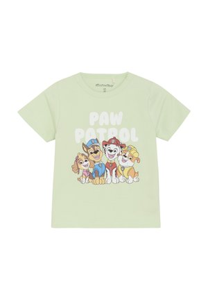 Hellgrünes Kurzarm-T-Shirt mit einem bunten Grafikdesign von vier Cartoon-Hunden und dem Text "PAW PATROL" in fetten weißen Buchstaben.