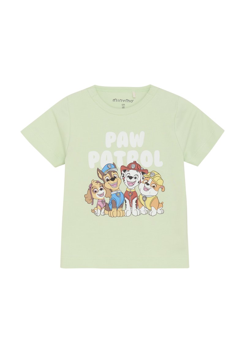 Ljusgrön t-shirt med kort ärm som har en färgglad grafik av fyra tecknade hundar med texten "PAW PATROL" i fetvita bokstäver.