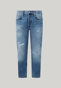 Jeans de denim azul claro con un aspecto desgastado y detalles rasgados en la parte frontal. Corte recto con un diseño clásico de cinco bolsillos.