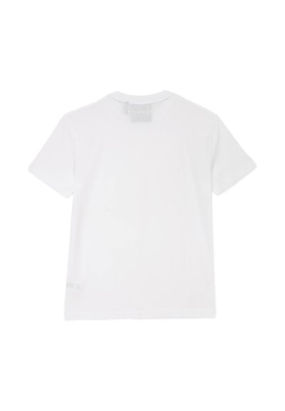 T-shirt bianco a maniche corte realizzato in tessuto liscio, con scollatura rotonda e una piccola etichetta sull'orlo laterale. Nessun motivo o design visibile.