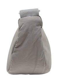 Gray fabric bag with a soft, wrinkled texture, featuring a textured gray strap at the top for carrying. Compact and triangular shape.