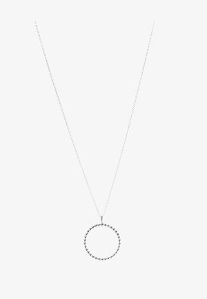 Collier en argent avec une chaîne et un pendentif circulaire orné de petits perles autour du bord. Design simple et élégant.