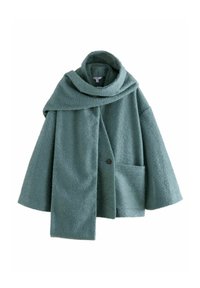 Zelený, texturovaný kabát s širokým límcem a dlouhým šálkem. Má jedno knoflíkové zap�ínání a přední kapsu. Měkká, příjemná látka.