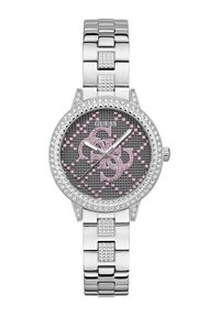 Silver stainless steel watch with a round face, pink and black patterned dial, diamond-like accents, and a polished metal bracelet.