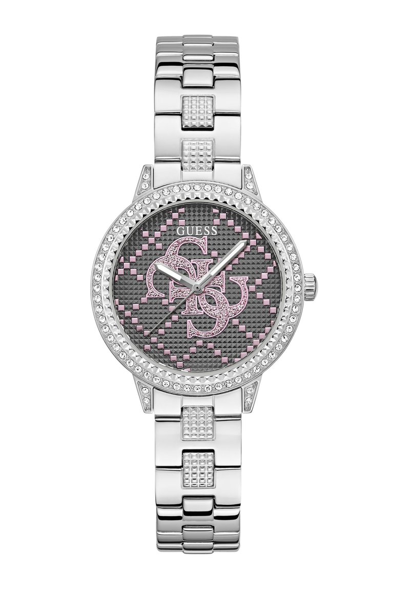 Silver stainless steel watch with a round face, pink and black patterned dial, diamond-like accents, and a polished metal bracelet.