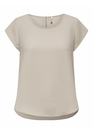 Blouse beige à manches courtes, col rond, tissu texturé, fermeture éclair au dos, ourlet légèrement arrondi.