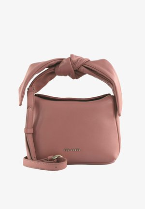 Sac à main en cuir rose doux avec poignée nouée, bandoulière réglable et logo "Ted Baker" au centre avant.