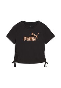 Camiseta negra de manga corta con lazo ajustable a los lados y un logo de Puma en camuflaje destacado en el centro. Textura de tela suave.