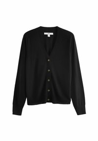 Cardigan negru din tricot, cu decolteu în V, mâneci lungi și închidere cu nasturi. Prezintă nasturi de nuanță aurie și detalii texturate la umă.