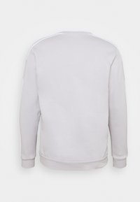 Sudadera gris clara, tejido suave, cuello redondo, puños y dobladillo acanalados, textura lisa, sin patrones, vista trasera sencilla, diseño minimalista.