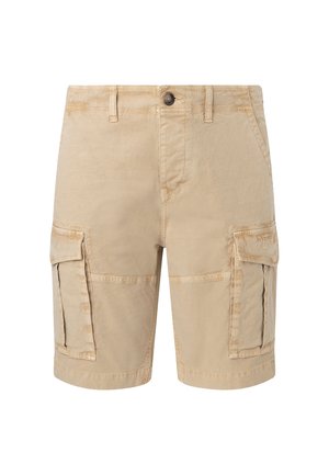 Beige cargoshorts med frontknap, bæltestropper, sidelommer med klap og syningsdetaljer, vist på hvid baggrund.