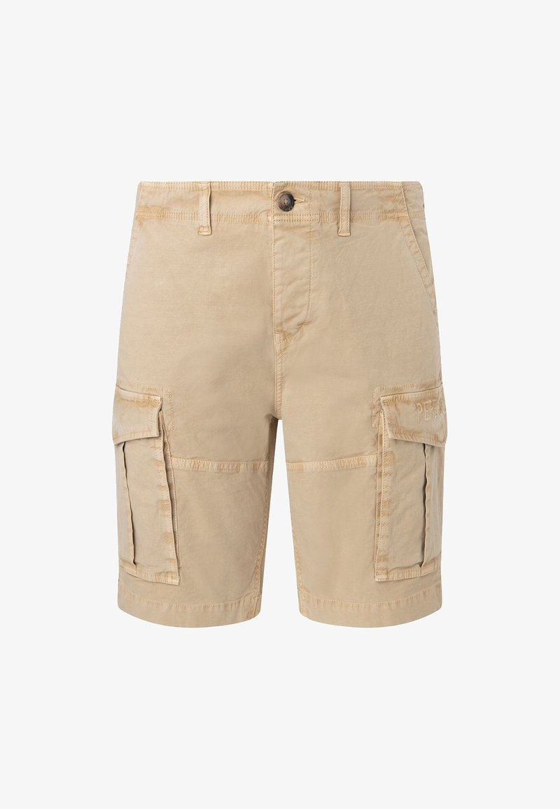 Short cargo beige avec bouton à l'avant, passants pour ceinture, poches latérales à rabat et détails de couture, présenté sur fond blanc.