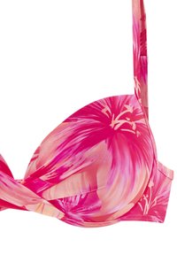 Padded-BH mit floralem Muster in Pink und Koralle, verstellbaren Trägern und seitlichem Stützpanel.