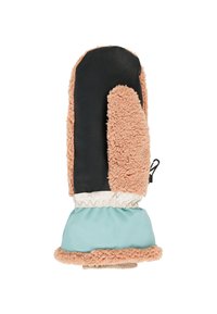 Žieminiai pirštinės su juodu odiniu delnu, šviesiai rudu kailiu ant nugaros, šviesiai mėlynu rankogaliu ir mažu juodu segtuku pritvirtinimui.