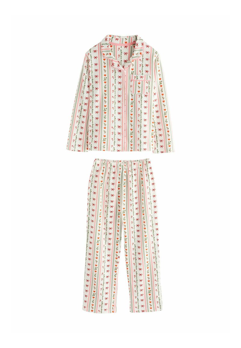 Baumwoll-Pyjama-Set mit einem Button-Up-Hemd und einer Hose mit elastischem Bund. Weiße Basis mit buntem Blumen- und Bandstreifenmuster.