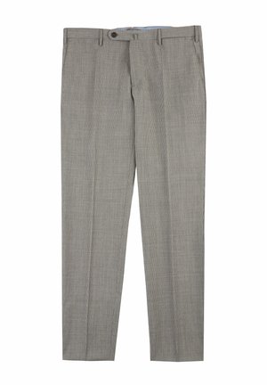Gray checkered trousers made of lightweight fabric, featuring a flat front, straight leg, two side pockets, and a single button closure.