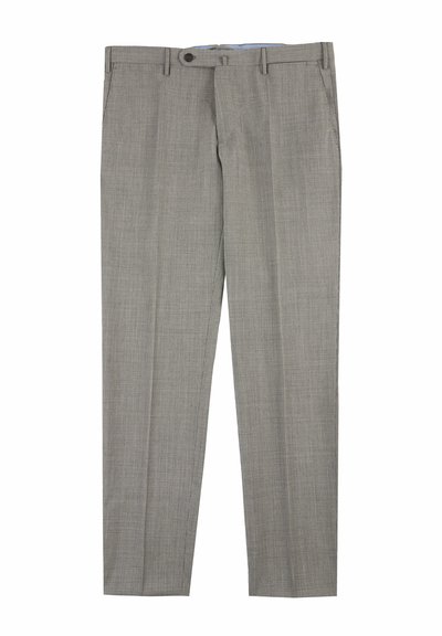 Grijze geruite broek van lichtgewicht stof, met een vlakke voorkant, rechte pijpen, twee zijzakken en een enkele knoopsluiting.