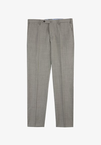 Grau karierte Hosen aus leichtem Stoff, mit flachem Bund, geradem Bein, zwei Seitentaschen und einem einzigen Knopfverschluss.