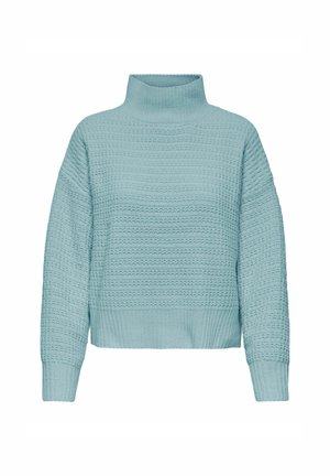Hellblauer, gestrickter Pullover mit hohem Kragen, strukturiertem Muster, lockerer Passform und gerippten Bündchen. Kurz geschnitten und aus weichem Stoff.