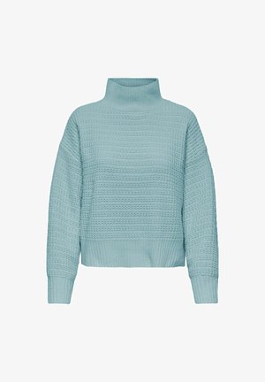 Heledad helesinine kudumine, kõrge kaelusega, tekstuuriga muster, lahtine lõige ja soonikkoes mansetid. Lühendatud pikkus ja pehme kangastekstuuri.