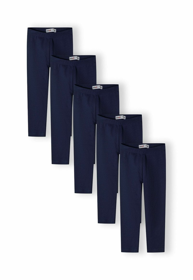 Cinque paia di leggings per bambini blu navy, disposti in una linea verticale sfalsata su uno sfondo bianco.