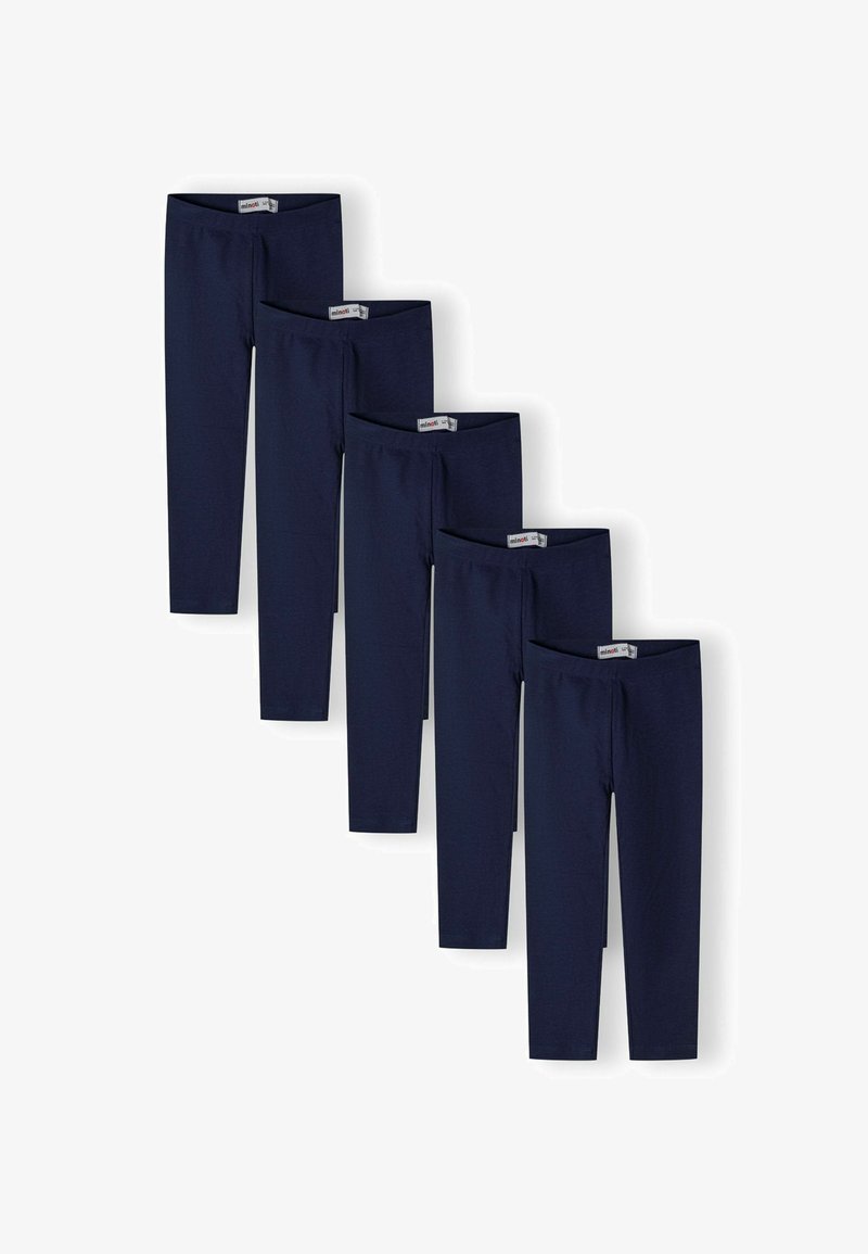 Pet para dječje tajice u tamnoplavoj boji, poredane u pomaknutu vertikalnu liniju na bijeloj pozadini.