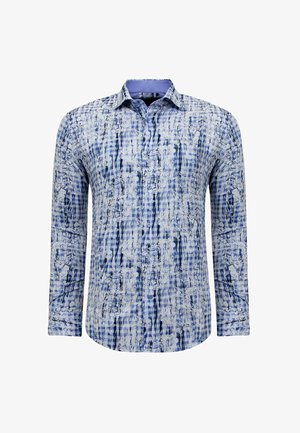 Langarmhemd in blauw en wit met een geruit en bloemmotief, voorzien van een button-down kraag en een gladde stoftextuur.
