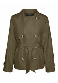 Olivgrön trenchcoat med dubbelknäppning, framträdande knappar, sidofickor och ett knytbälte i midjan. Slät, medelvikts tyg.