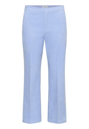 Pantaloni in corduroy azzurro chiaro, a gamba dritta, con texture a coste verticali e una vita liscia. Adatti per un abbigliamento casual o semi-formale.