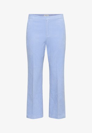 Heledad sinised korduroopi püksid, sirge lõikega, vertikaalse soonilise tekstuuriga ja siledapinnalise vöökohtaga. Sobivad igapäevaseks või poolametlikuks kandmiseks.