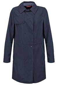 Trench-coat bleu marine à manches longues avec boutons pression double boutonnage et large col.