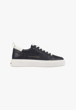 Navy blue leather sneakers with white rubber sole, lace-up design, and a contrasting heel tab. Features gold branding on the side.