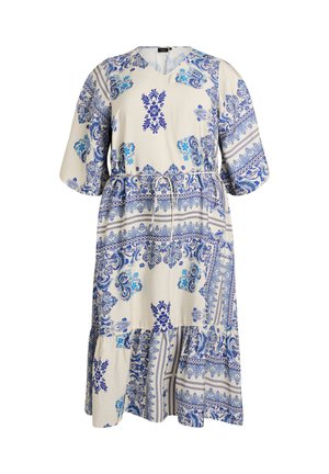 Weißes Midikleid mit blauen, kunstvollen Blumen- und Paisleymustern, kurzen Ärmeln, V-Ausschnitt und Taillengürtel.