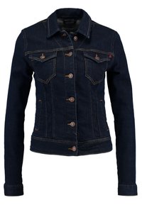 Veste en denim bleu foncé avec un col classique, des poches avant et des coutures contrastées avec des boutons en métal.