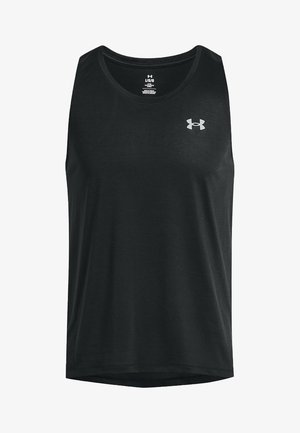 Zwarte mouwloze tanktop van gladde stof, met een ronde hals en subtiele textuurpatroon, en een zilveren logo op de borst.