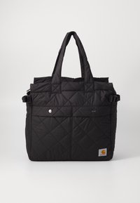 Sac fourre-tout noir matelassé avec double poignées, bandoulière réglable, poche avant avec boutons-pression et petit logo de la marque sur le côté.